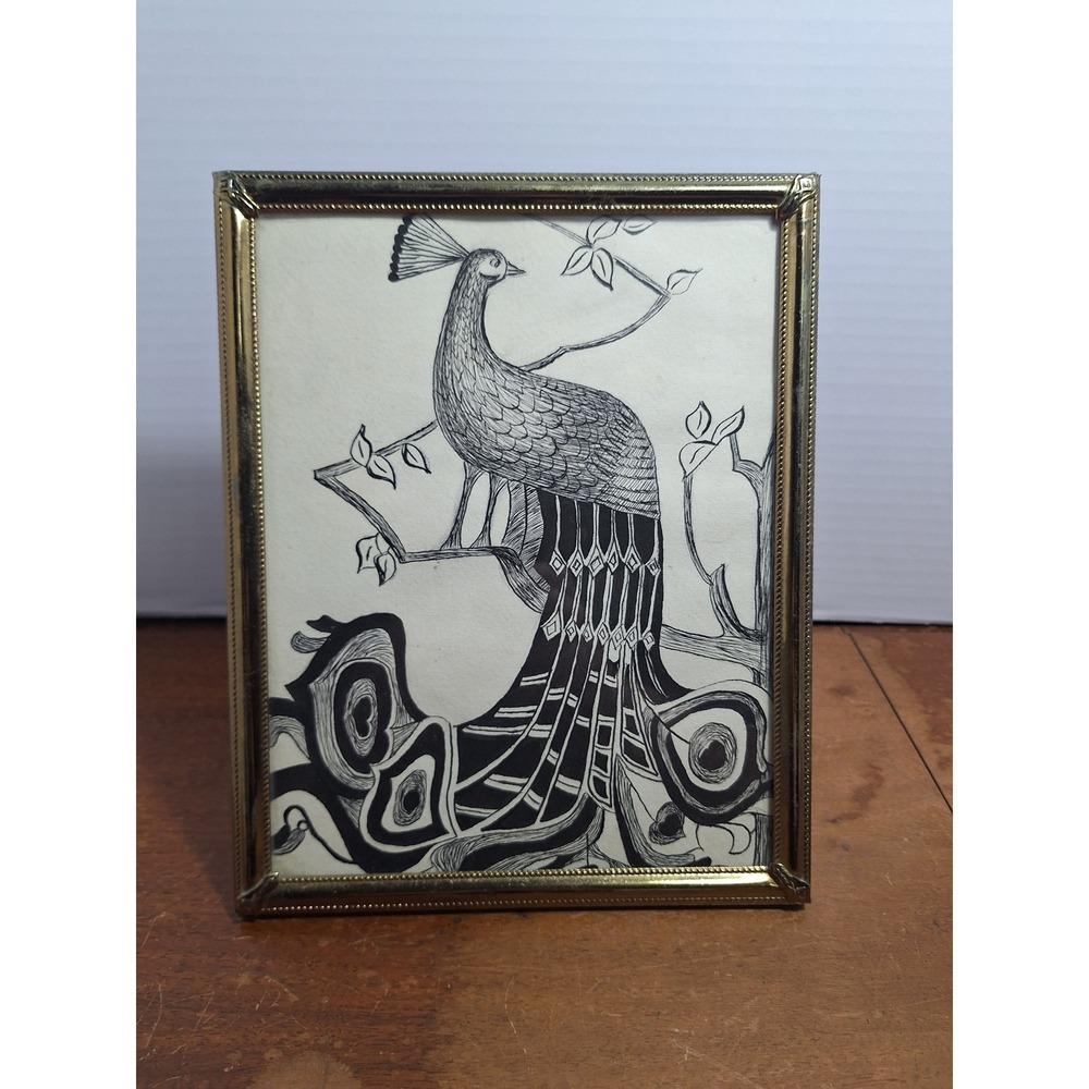 Vintage Peacock Pen and Ink Drawing Signed LVJ Gold Tone Framed Art 5x7
